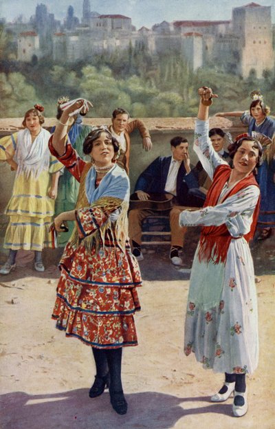 Clashing castanets and twanging guitars accompany the rhythmic dances of the young gypsy girls of Granada by Unknown